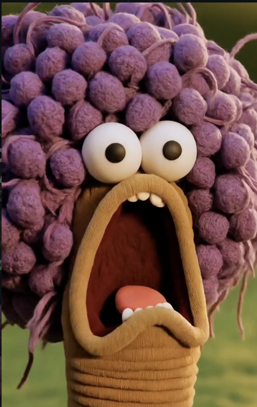 Personagem de feltro de cabelo roxo gritando de boca aberta
